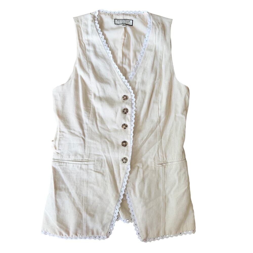 Bagatelle Collection Linen Vest Size S Ivory Lace Trim Button Front Boho Y2K
